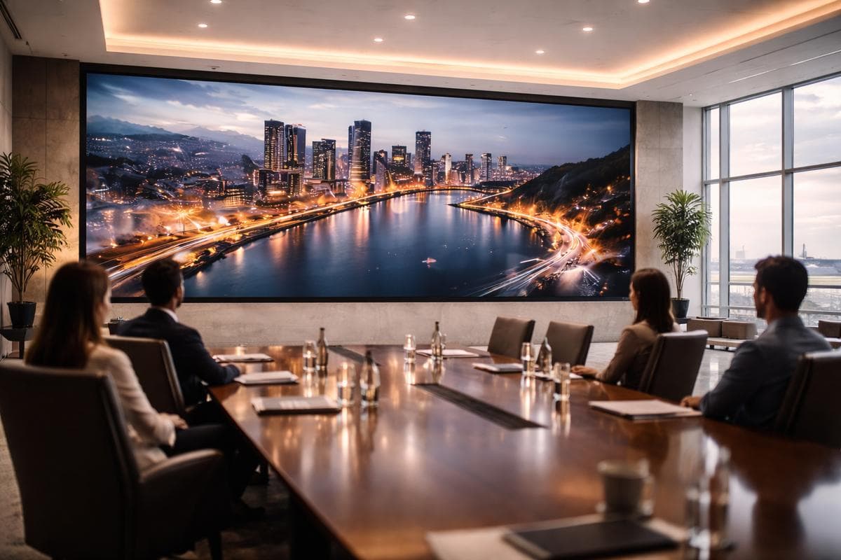 Large indoor LED video wall installed in a modern commercial interior
